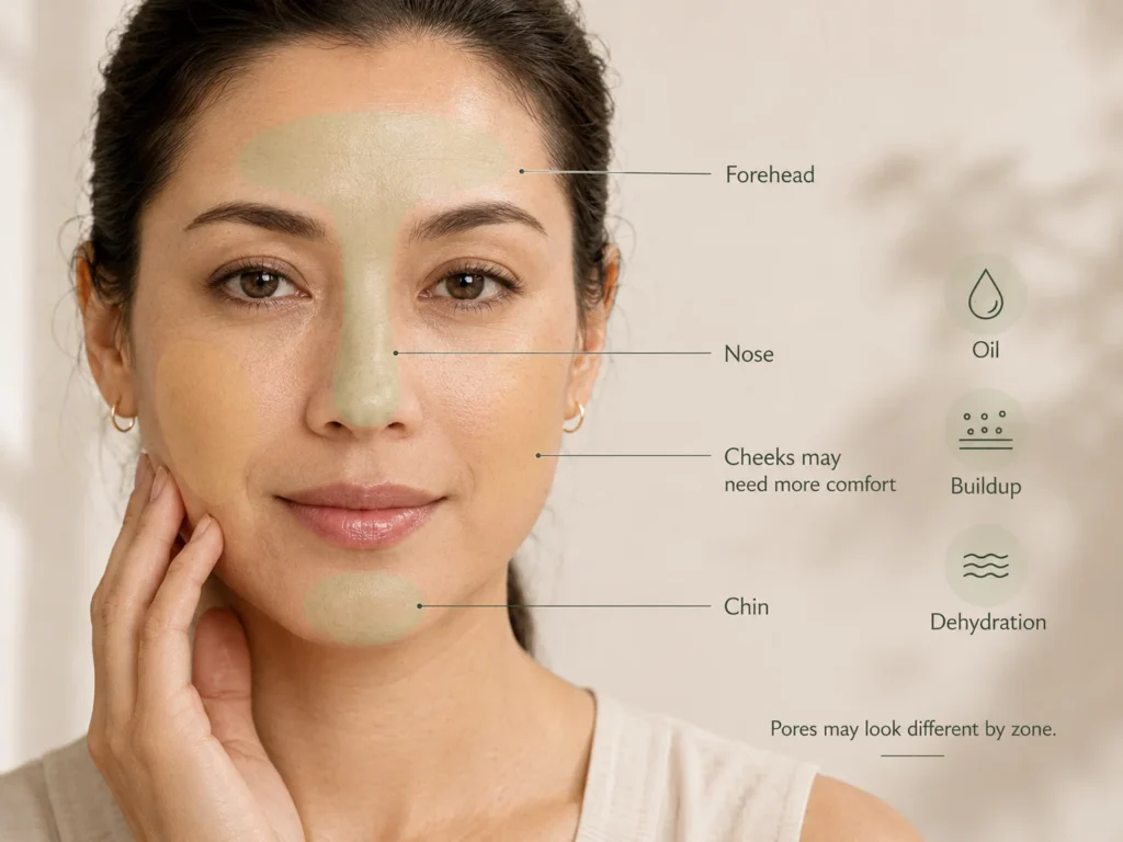 Combination skin showing naturally more visible pores on the nose, forehead, and chin while the cheeks remain less oily.
