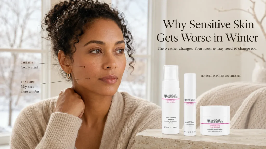 Woman with subtle winter-sensitive cheek dryness beside Janssen Sensitive Skin cleansing and alternative light versus rich moisturizer options.