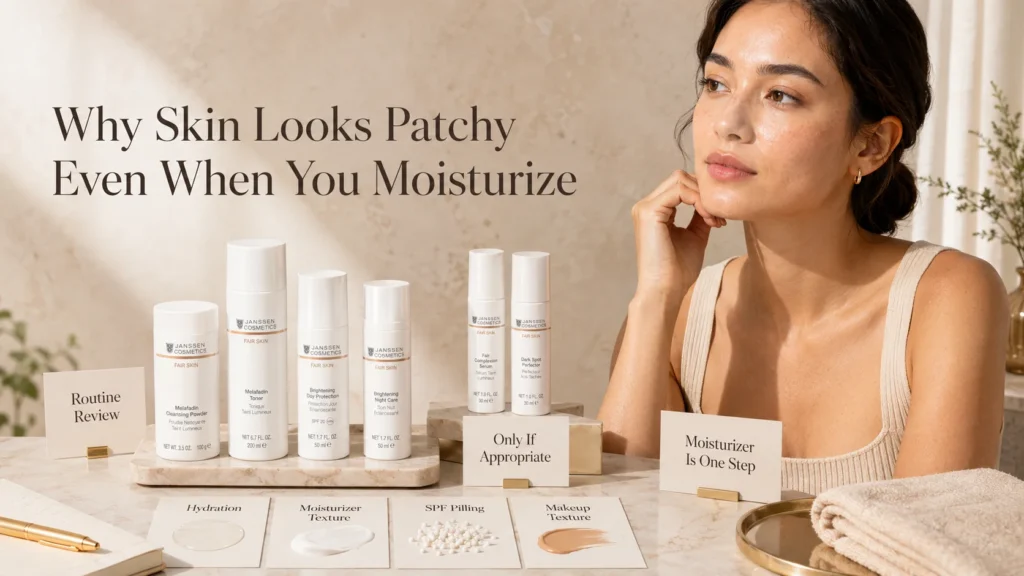 Luxury skincare image showing why skin can still look patchy even when moisturizer is used, with a consultation-first routine review.
