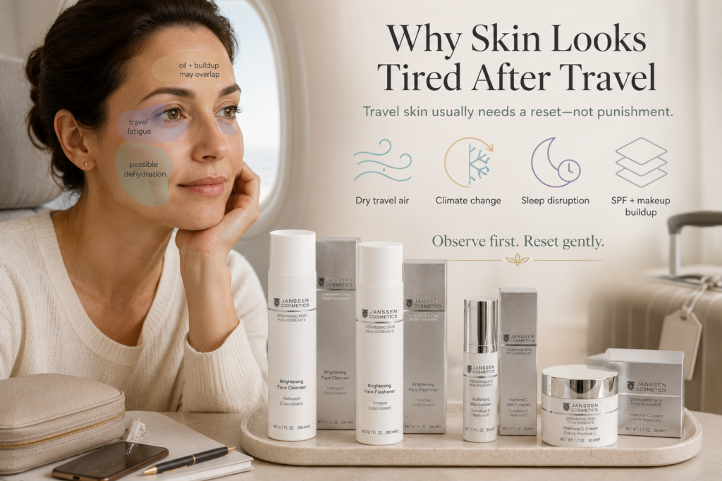 Woman with subtle tired-looking skin after travel beside visual cues for dry air, climate change, sleep disruption, and SPF or makeup buildup.