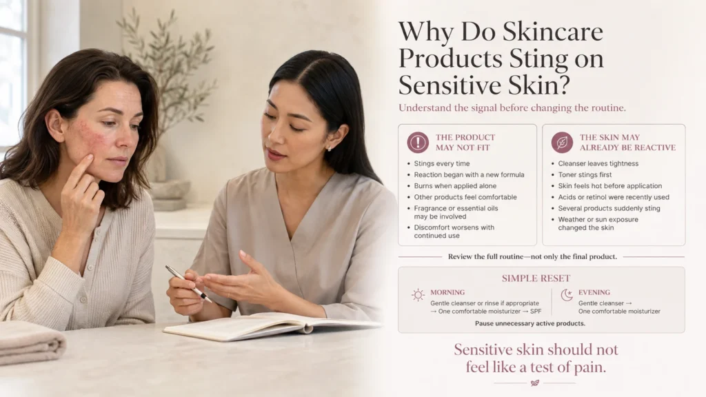 Woman with mildly sensitive-looking skin and licensed esthetician comparing whether skincare stinging comes from the product formula or an already reactive routine.