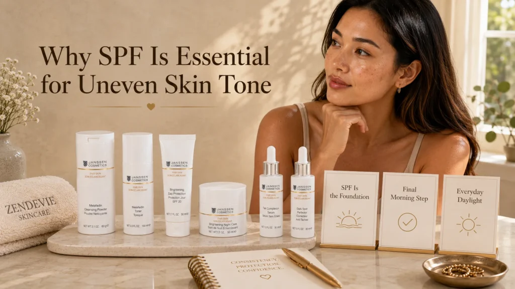 Luxury skincare image showing SPF as the foundation for supporting uneven-looking tone with a consultation-first routine approach.