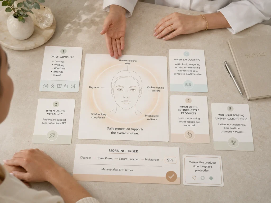 Educational SPF protection map connecting daily exposure, vitamin C, exfoliation, retinol-style products, uneven-looking tone, and correct morning order.