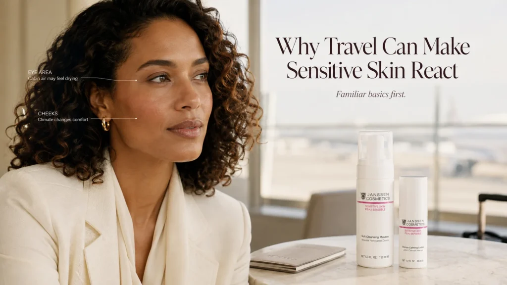 Sensitive-skin traveler with subtle cheek and eye-area dryness beside familiar Janssen Sensitive Skin cleansing and lightweight moisturizer options when authentic references are available.