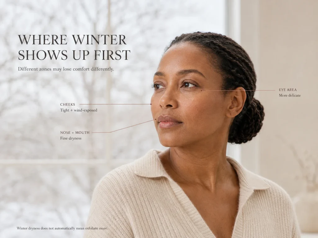 Winter-sensitive skin model with direct leader lines showing tighter cheeks, subtle dryness around the nose and mouth, and a delicate eye area.