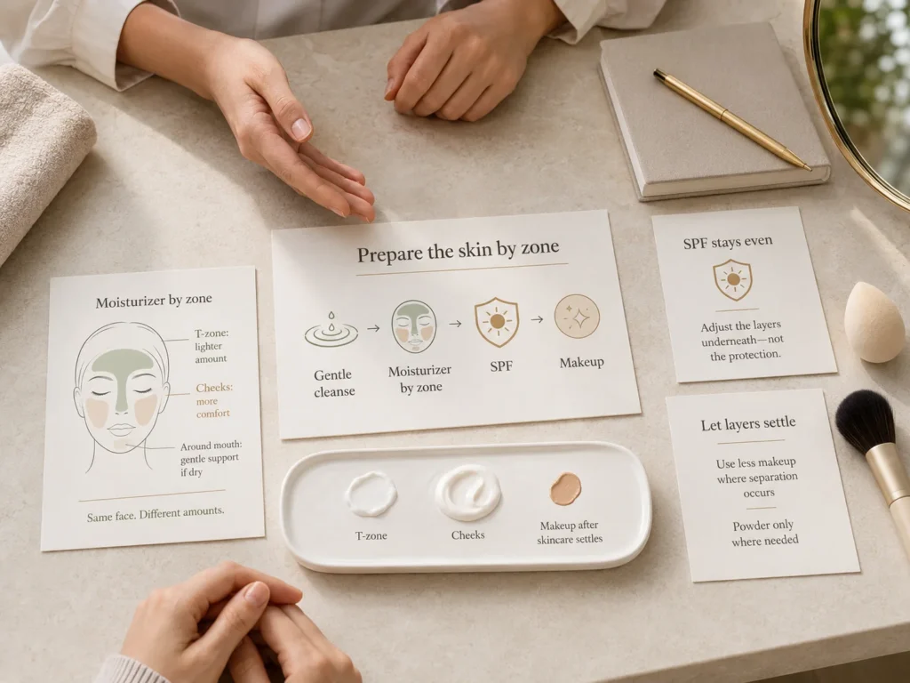Zone-based makeup-preparation routine showing lighter moisturizer on the T-zone, more comfort on the cheeks, even SPF, and makeup applied after layers settle.