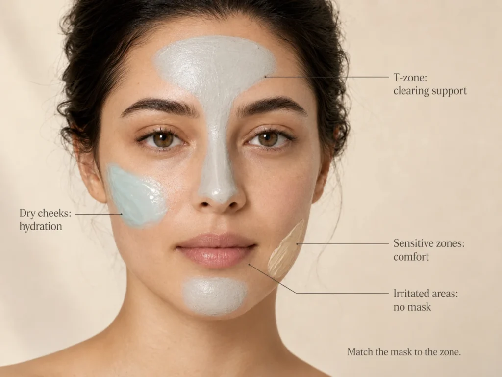 Zone-masking guide showing clearing support on the T-zone, hydration on dry cheeks, comfort on sensitive areas, and no mask on irritated skin.