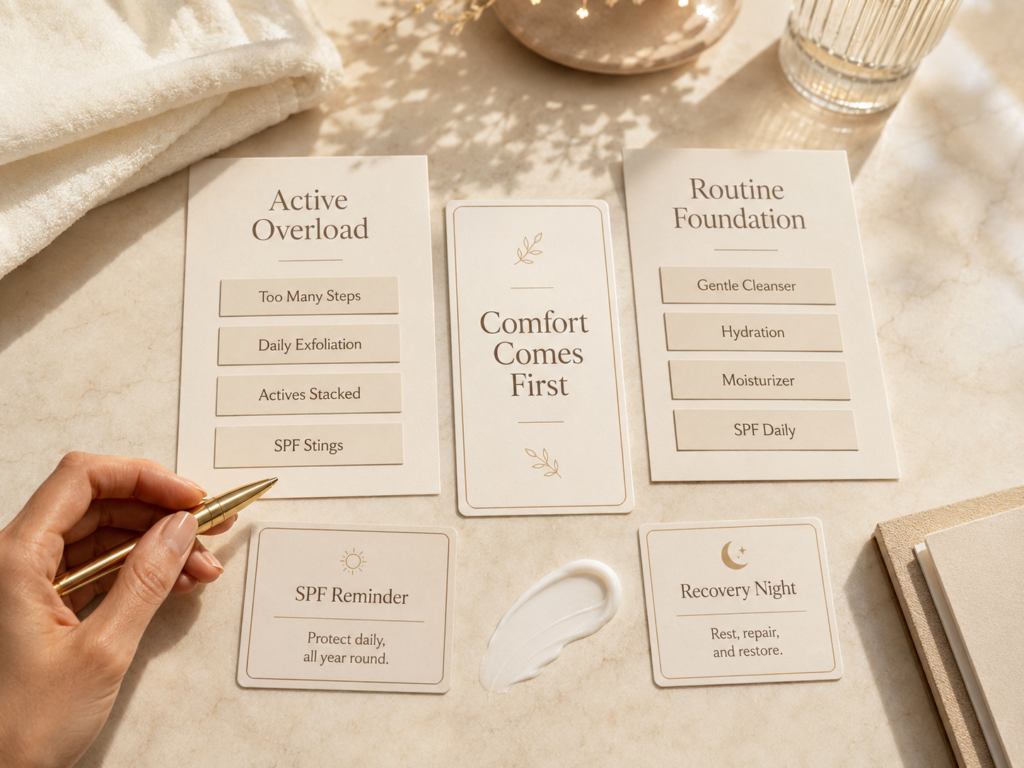 Luxury educational image comparing active overload with a calm skincare routine foundation for dull-looking skin.