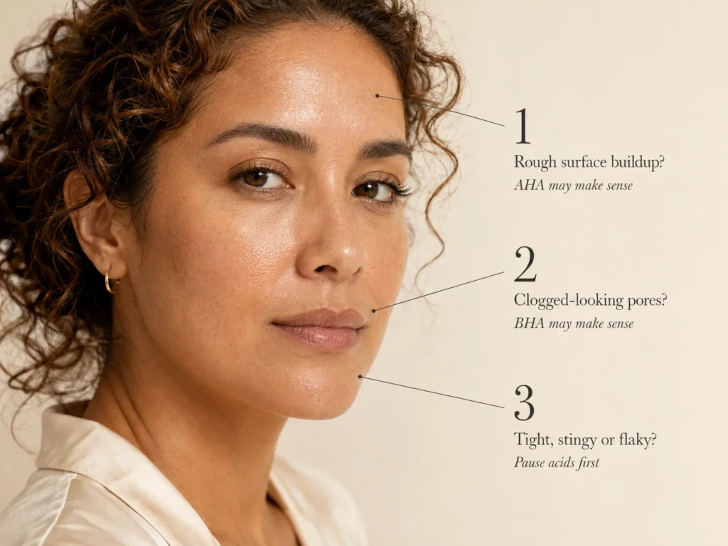 Close-up woman with three callouts explaining AHA for rough surface buildup, BHA for clogged-looking pores, and when irritated skin should pause acids.