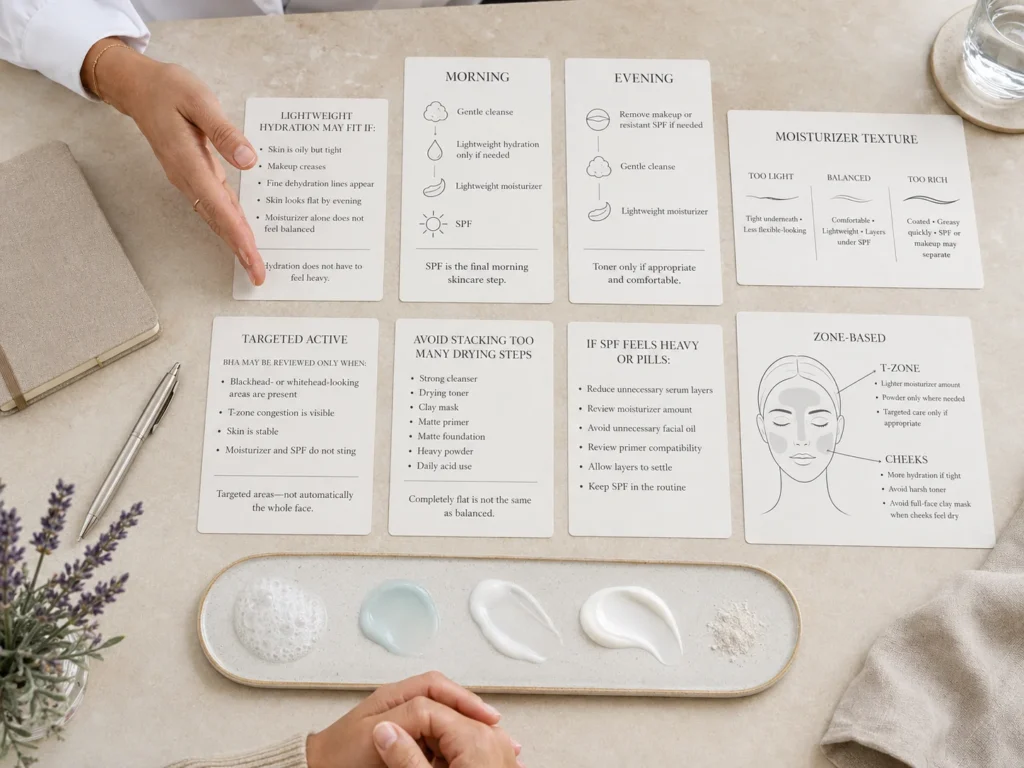 Balanced oily-skin routine showing gentle cleansing, optional lightweight hydration, lightweight moisturizer, final morning SPF, zone-based care, and targeted actives only when appropriate.