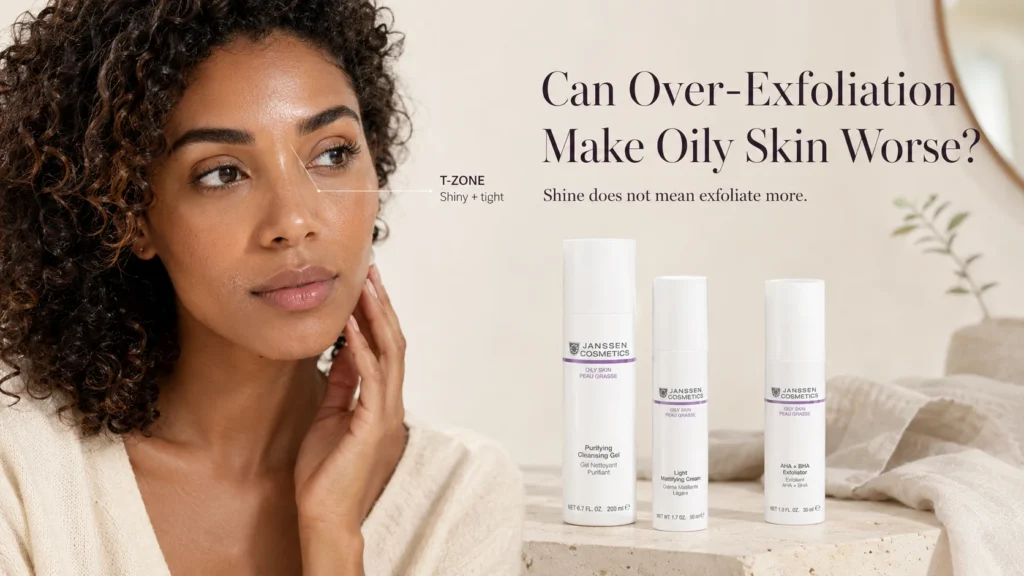 Woman with a shiny but tight-looking T-zone beside verified Janssen Cosmetics Oily Skin gentle-care and exfoliation products.