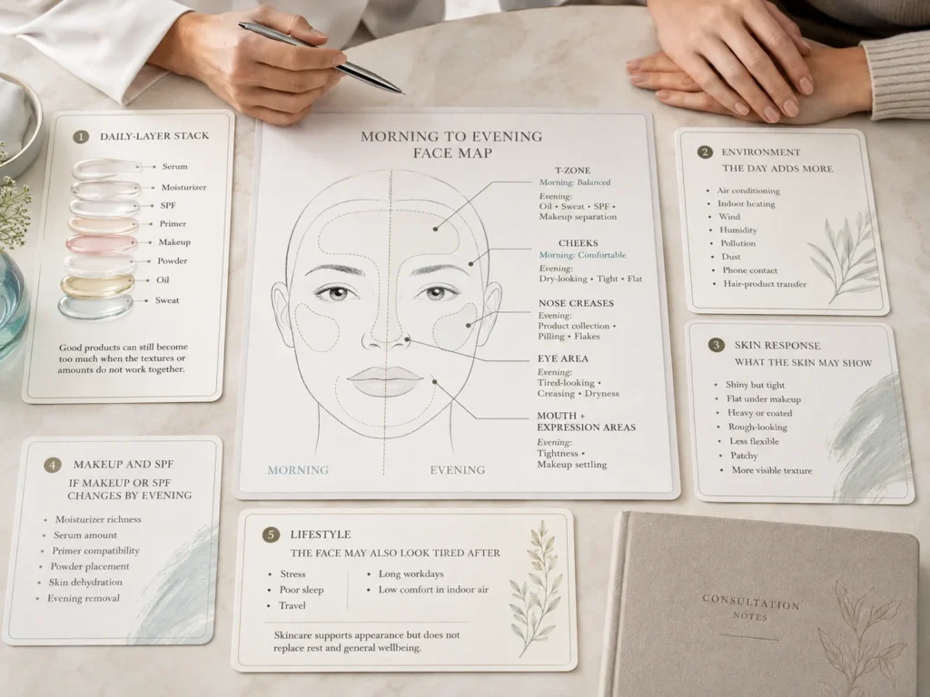 Morning-to-evening facial-zone map showing how SPF, makeup, oil, sweat, indoor air, dehydration, and product layers may contribute to dull-looking skin.