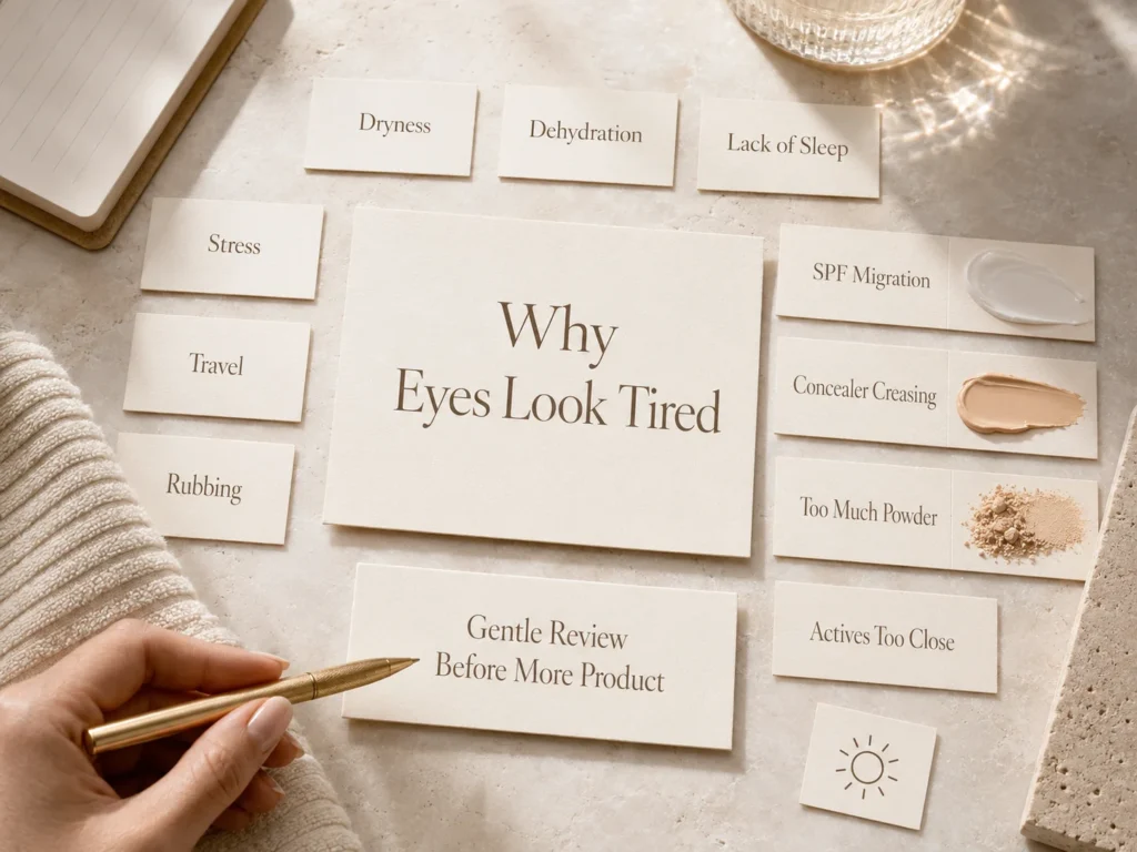 Luxury skincare education image showing how concealer, powder, dryness, and product amount can make the eye area look more tired.