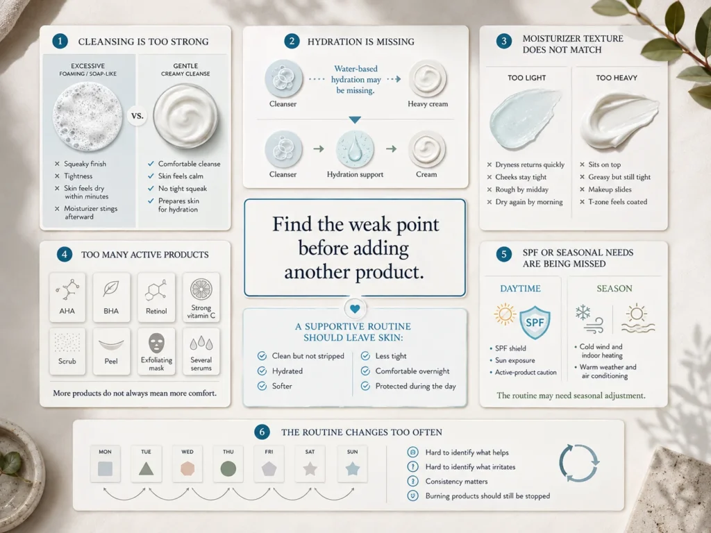 Dry skin routine audit showing harsh cleansing, missing hydration, wrong moisturizer texture, excessive active products, skipped SPF, and frequent product switching.