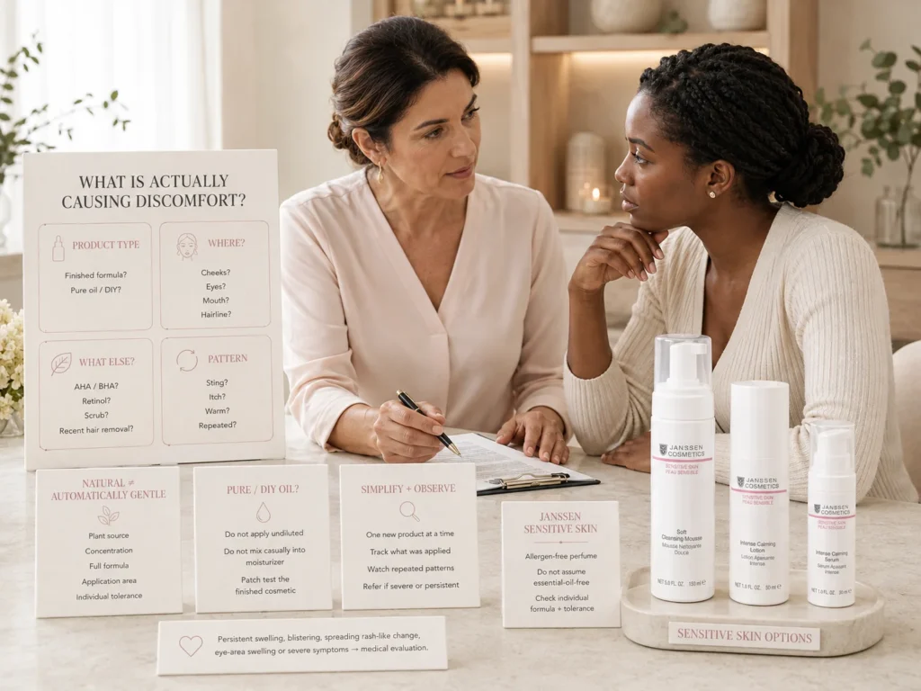 Esthetician reviewing essential-oil exposure, formula type, active products, application areas, and reaction history with a sensitive-skin client beside verified Janssen Sensitive Skin products.