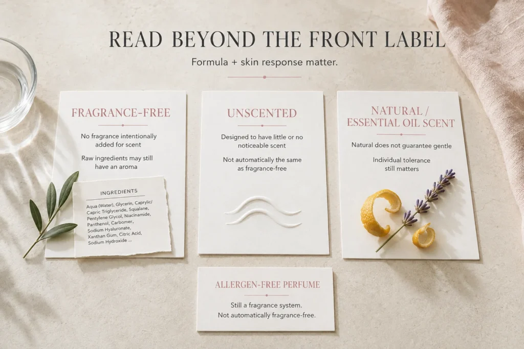 Luxury educational guide comparing fragrance-free, unscented, and naturally scented skincare terminology for sensitive skin.