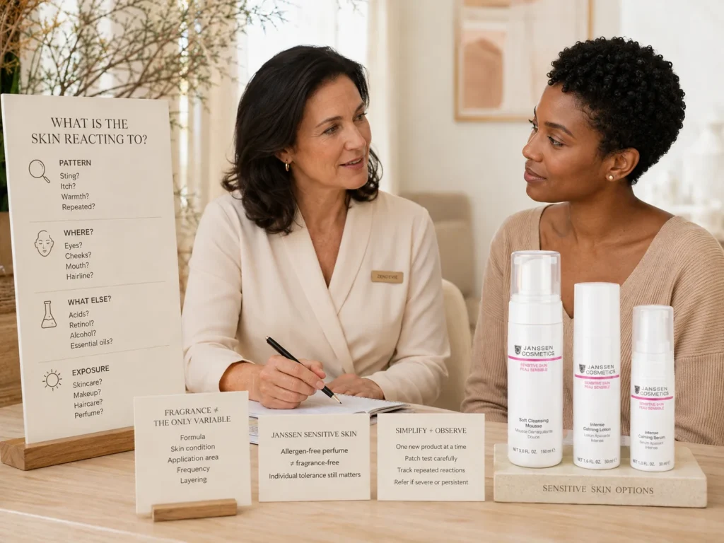 Esthetician reviewing fragrance exposure, active ingredients, reaction areas, and routine history with a sensitive-skin client beside verified Janssen Sensitive Skin products.