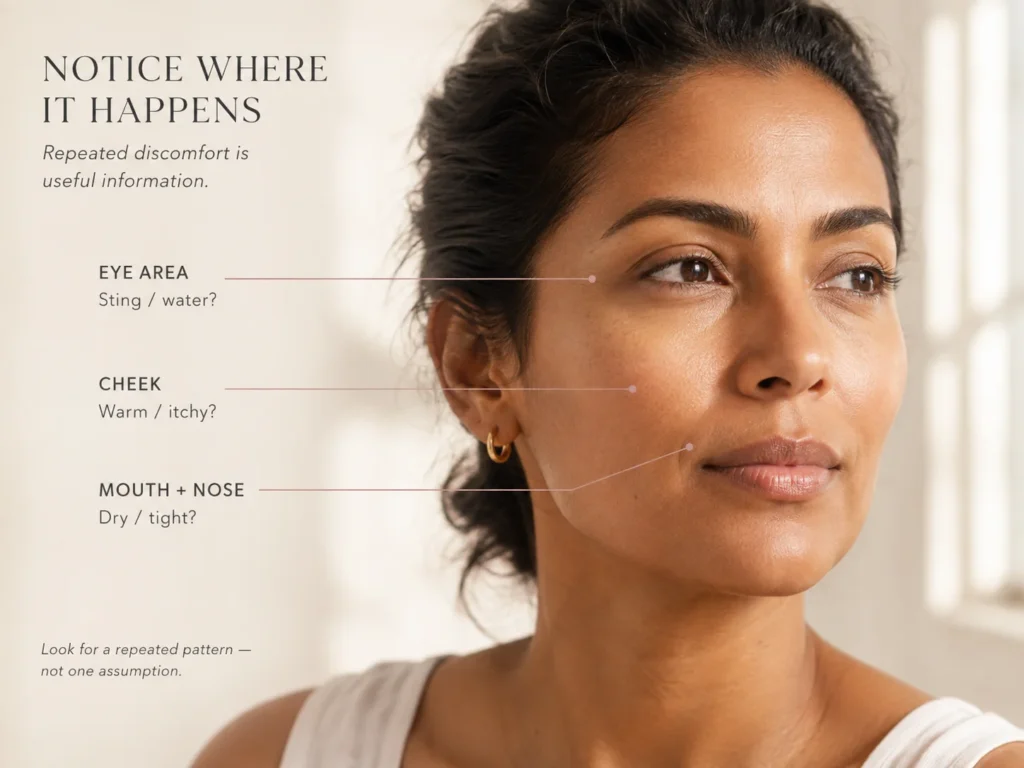 Sensitive-skin model with leader lines showing possible repeated discomfort around the cheek, eye area, and mouth or nose after product use.