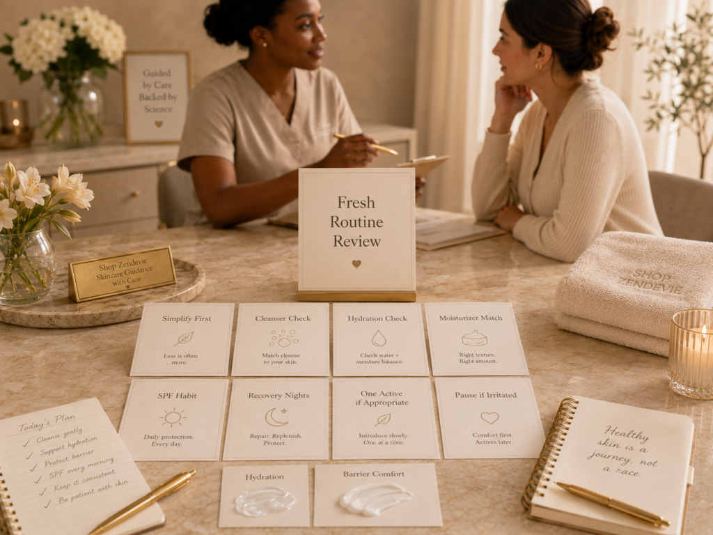 Esthetician-guided consultation reviewing how to simplify a dull-skin routine, reduce active overload, and choose verified Janssen Cosmetics Demanding Skin products only when appropriate.