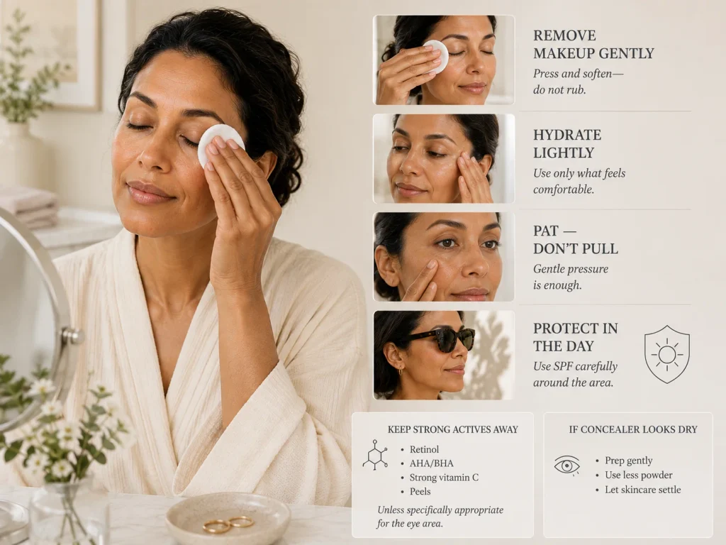 Woman gently removing eye makeup, patting hydration around the eye contour, avoiding rubbing, and using daytime protection.