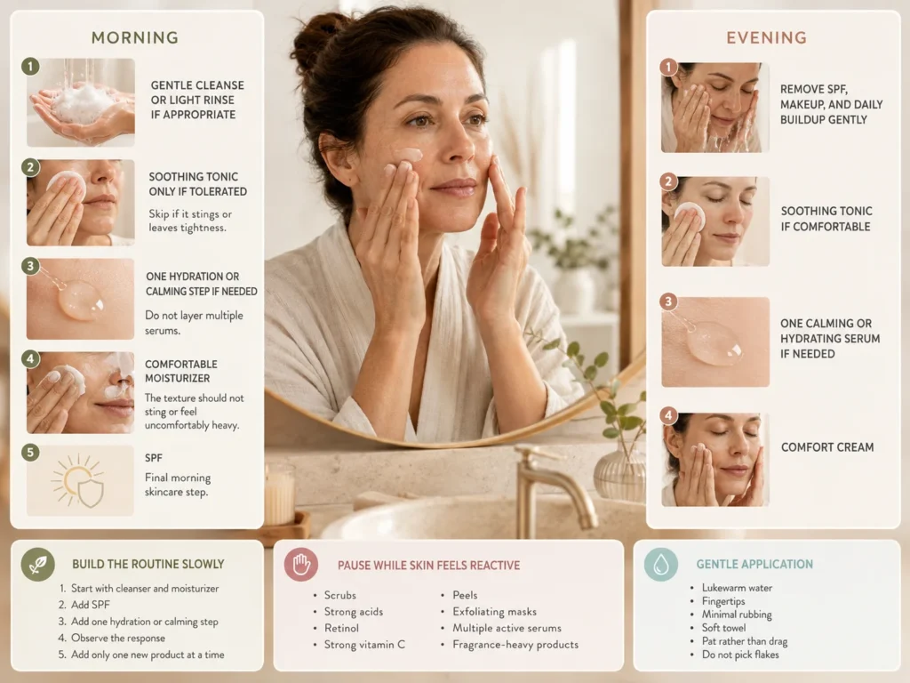 Gentle morning and evening skincare routine for dry and sensitive skin with cleansing, hydration, comfort cream, SPF, and guidance for reactive skin.