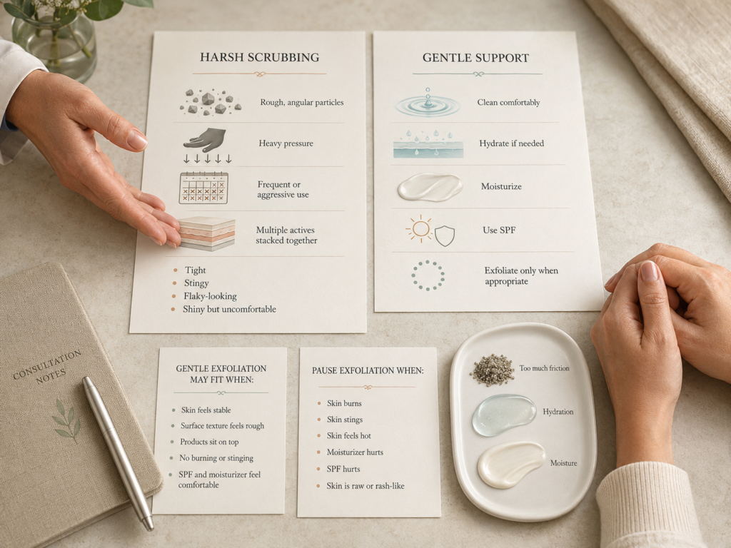 Educational comparison between harsh scrubbing and a gentle routine using cleansing, hydration, moisturizer, SPF, and careful exfoliation.
