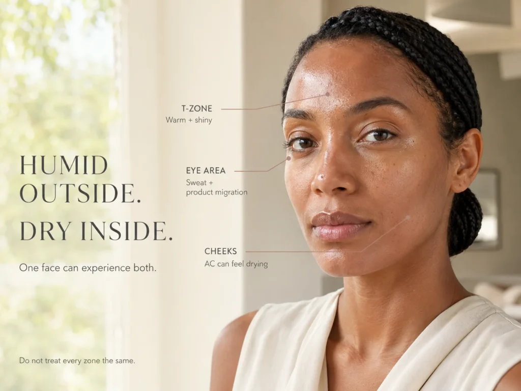 Sensitive-skin model with leader lines showing a warm shiny T-zone, eye-area product migration, and drier-feeling cheeks from air conditioning.