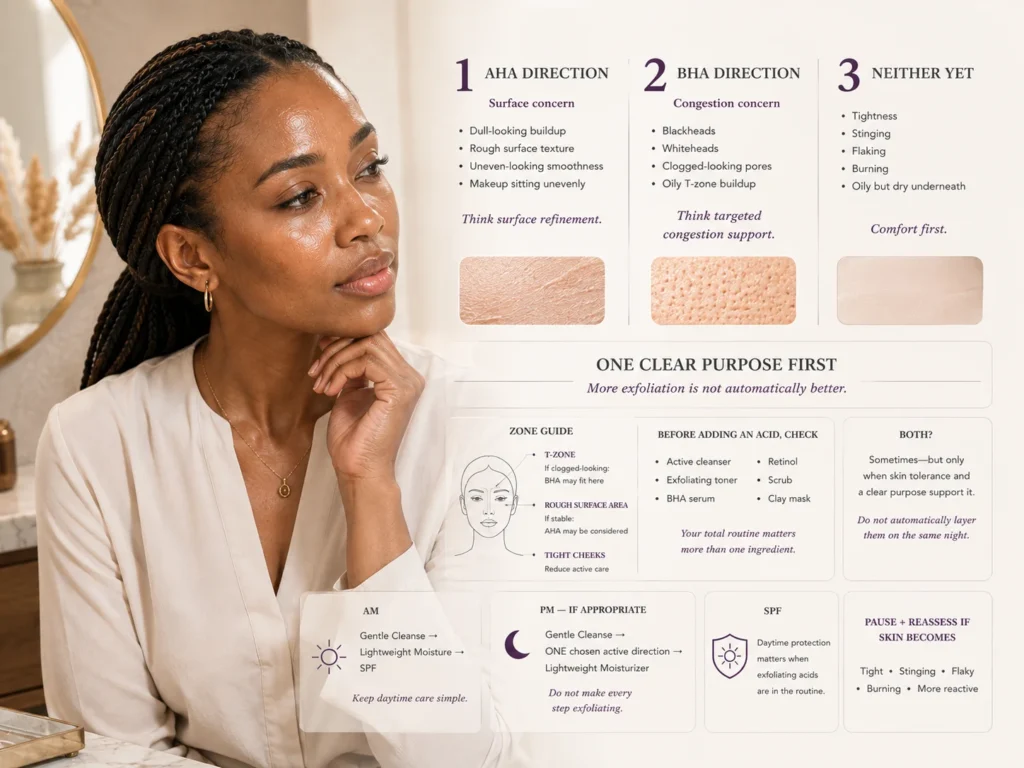 Practical guide comparing AHA for rough surface buildup, BHA for clogged-looking pores, and a pause-acids option when oily skin feels tight or irritated.