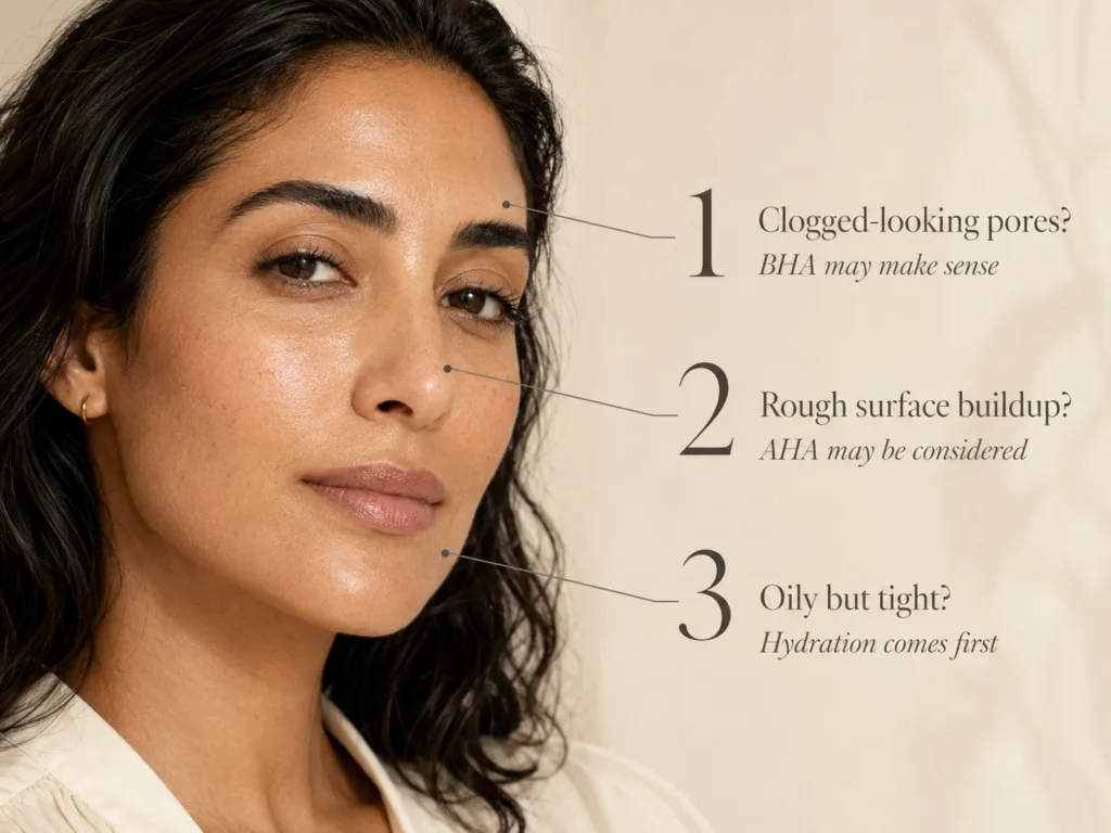 Woman with three callouts explaining when BHA, AHA, or lightweight hydration may make sense for oily skin.