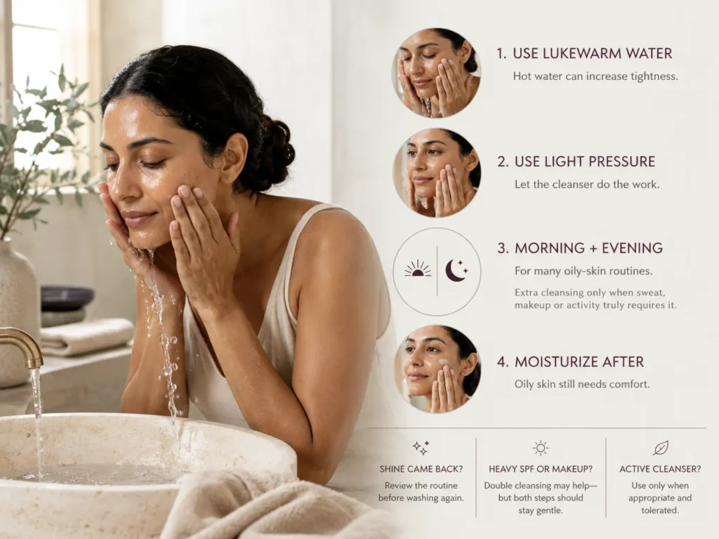 Woman washing oily skin gently with lukewarm water and light pressure while avoiding repeated cleansing and following with lightweight moisture.