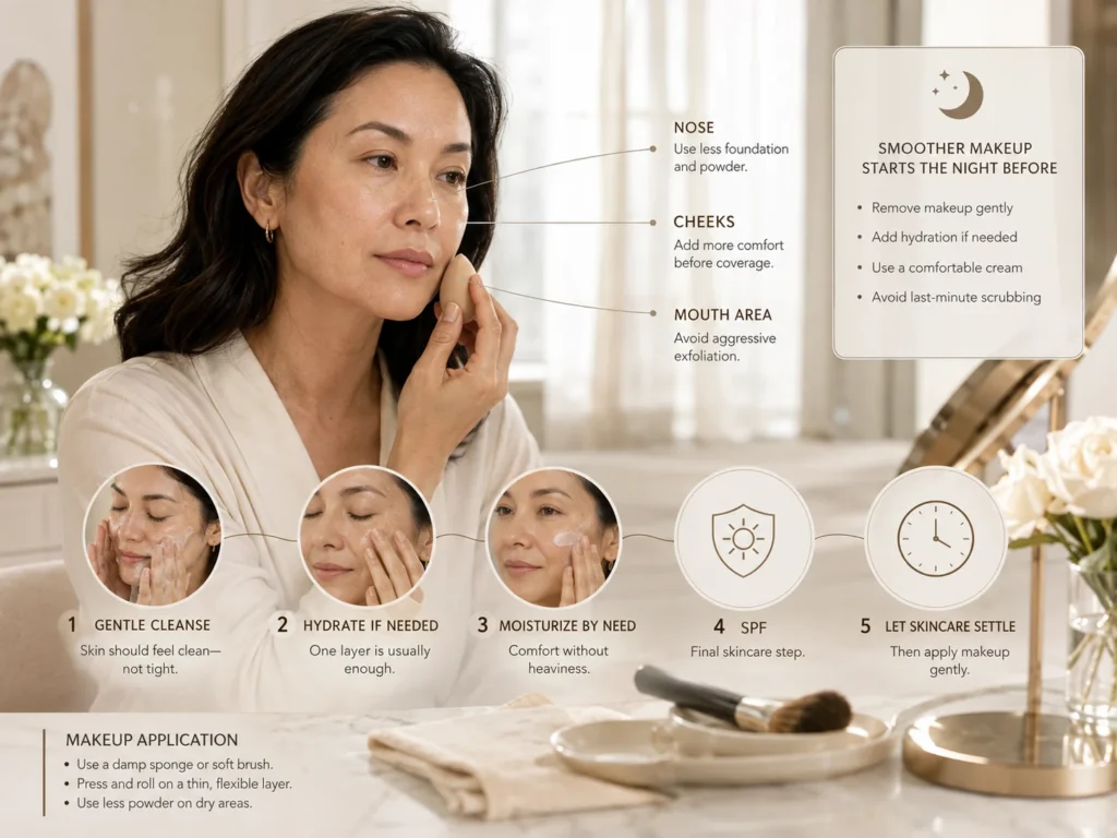 Woman gently preparing dry skin with cleansing, hydration, moisturizer, SPF, settling time, and light makeup application.