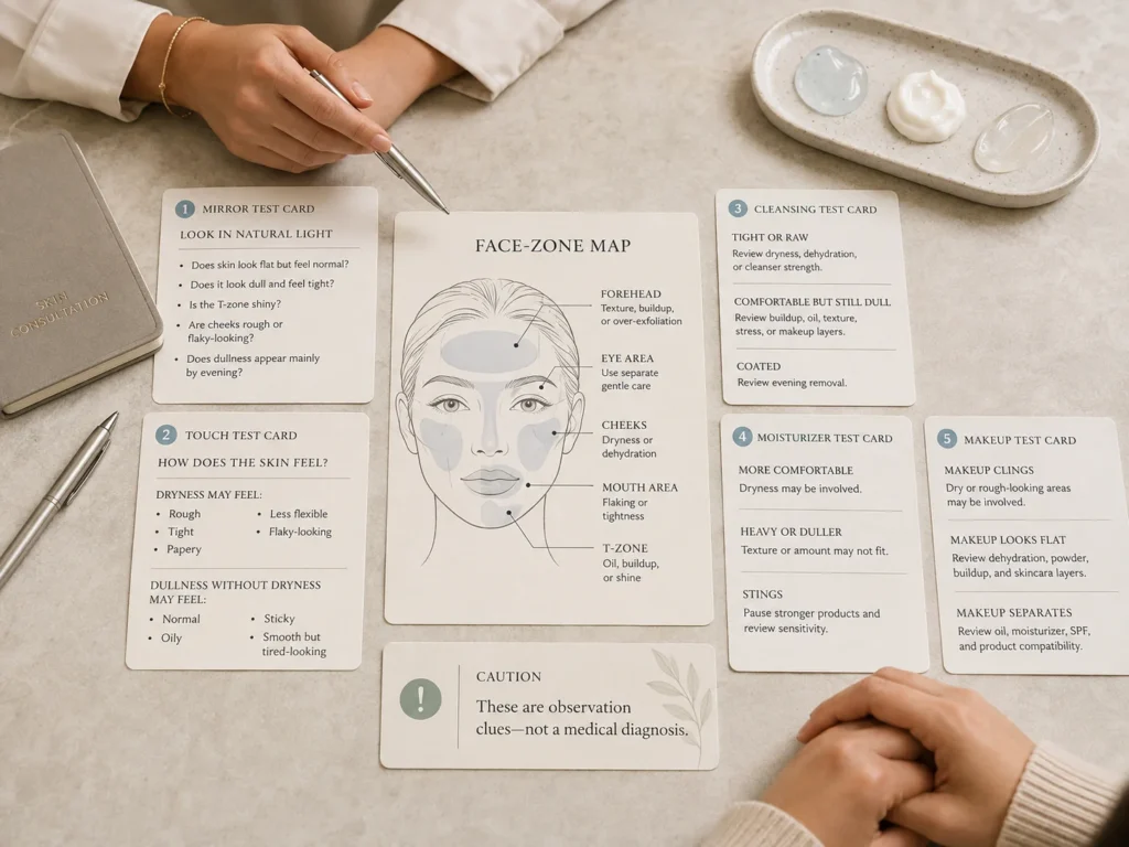 Five-part dull-versus-dry skin guide using natural-light, touch, cleansing, moisturizer, makeup, and facial-zone observations.