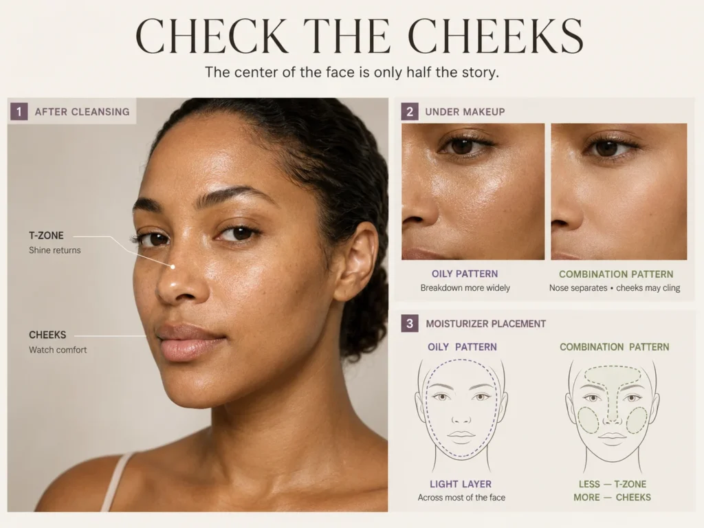 Educational guide showing how cheek behavior, makeup wear, and moisturizer placement help distinguish oily from combination skin.