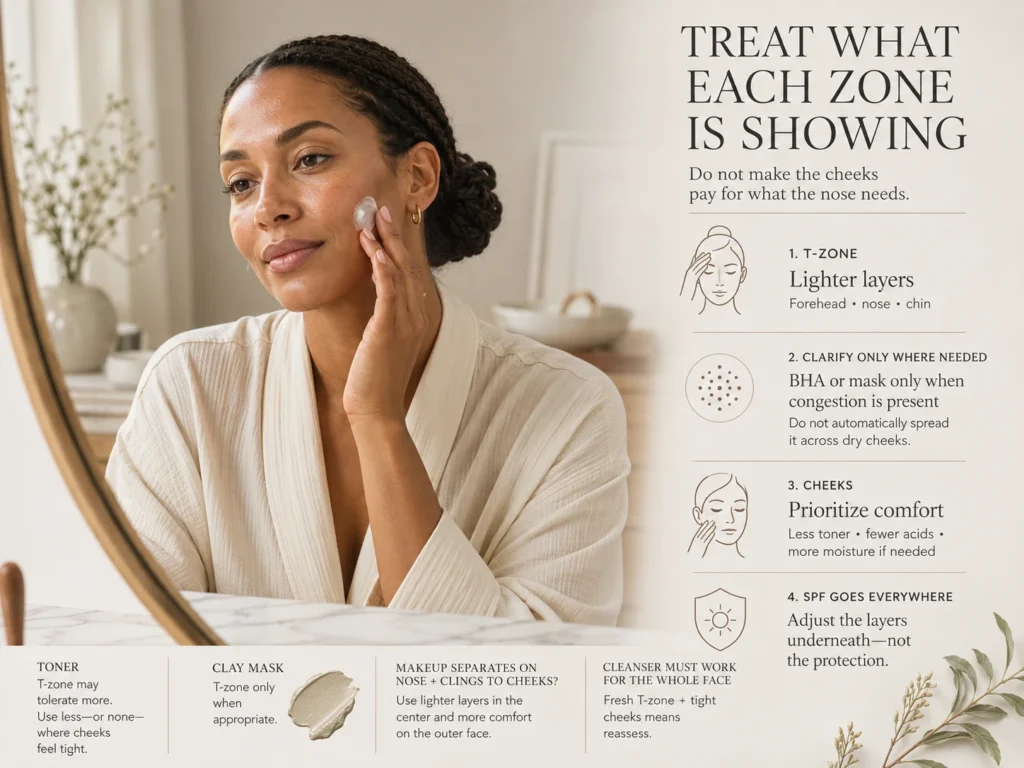 Woman adjusting skincare placement by using lighter clarifying care through the oily T-zone and more comfortable moisture through the cheeks.