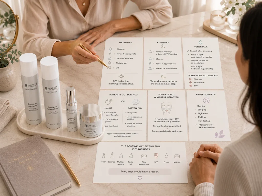 Toner application guide showing correct routine order, gentle cotton-pad or hand application, and when toner should be paused.