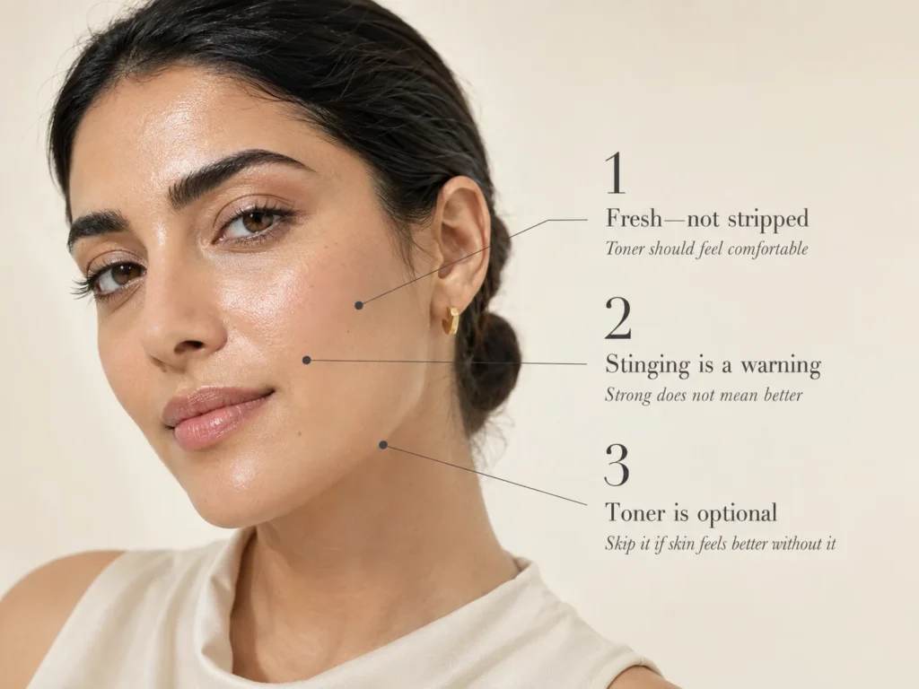 Close-up woman with three callouts explaining that toner should feel fresh rather than stripped, should not sting, and is optional for oily skin.