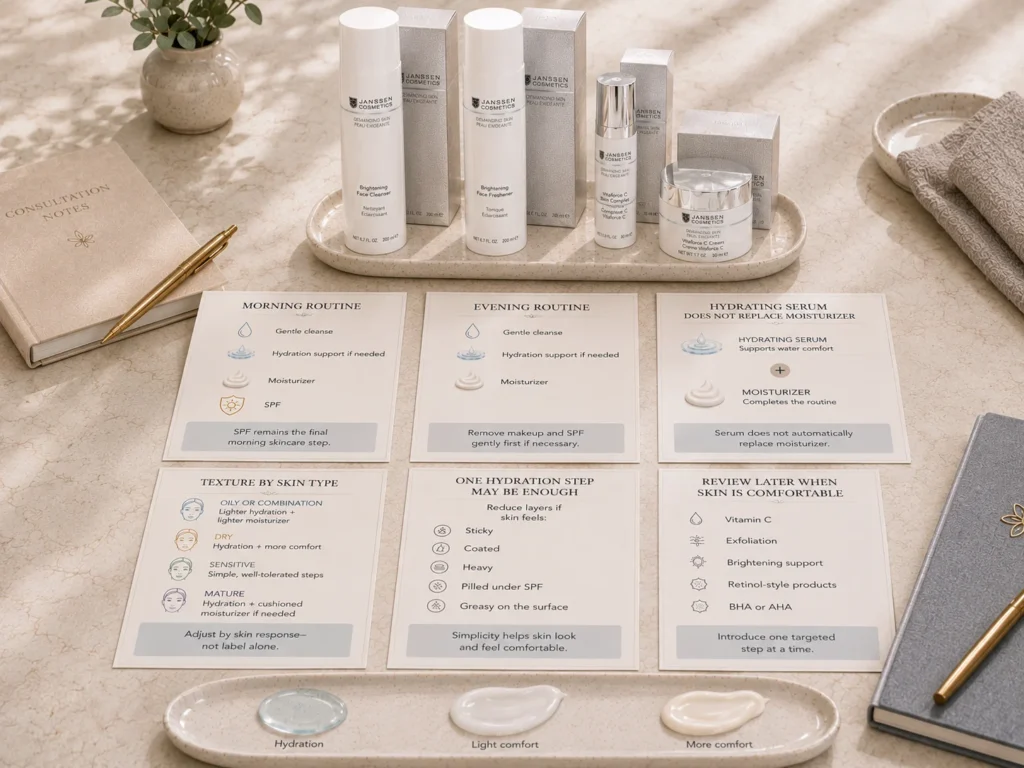 Hydration-first morning and evening routine showing optional hydrating serum, moisturizer, final morning SPF, and lighter or fuller textures by skin need.