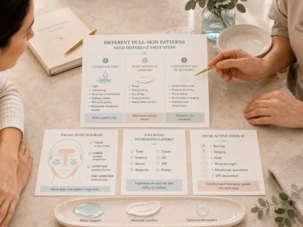 Decision guide comparing hydration first, more moisturizer comfort, and optional exfoliation for different dull-looking skin patterns.