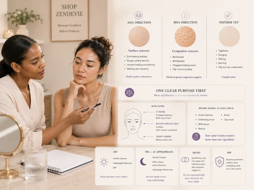 Licensed esthetician comparing AHA Face Cream for surface texture and Purifying BHA Serum for localized clogged-looking pores, while assessing whether oily skin may need neither acid yet.