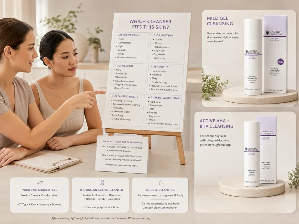 Licensed esthetician comparing Janssen Purifying Cleansing Gel and AHA + BHA Cleanser as alternative cleanser directions based on oily-skin tightness, sensitivity, congestion, and tolerance.