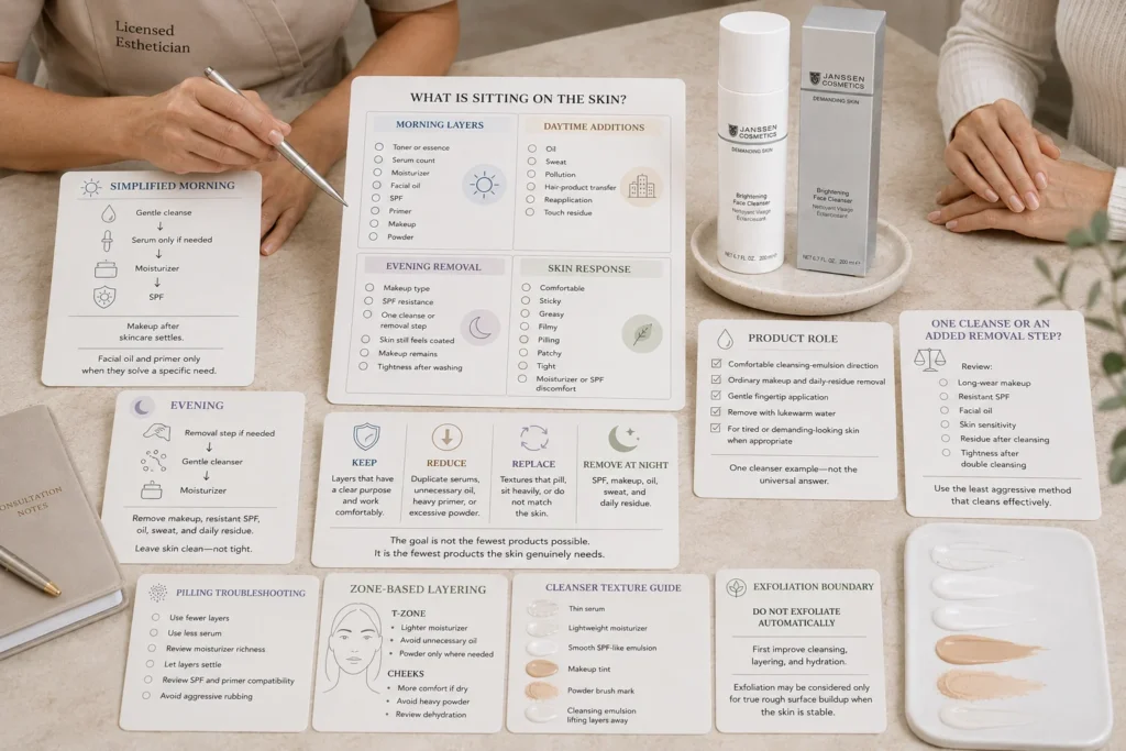Licensed esthetician reviewing serum count, moisturizer, facial oil, SPF, primer, makeup, powder, evening removal, pilling, and skin comfort beside verified Janssen Brightening Face Cleanser.