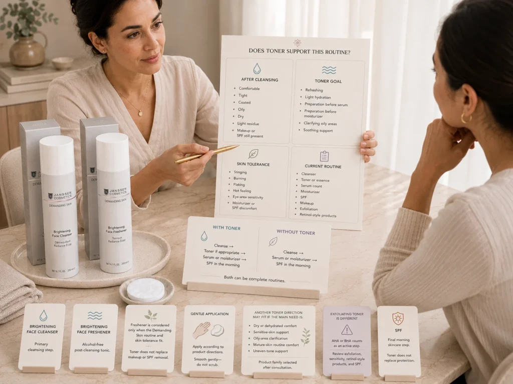 Licensed esthetician reviewing cleanser comfort, residue, sensitivity, skin type, active products, and whether toner is useful beside verified Janssen Brightening Face Cleanser and Brightening Face Freshener.