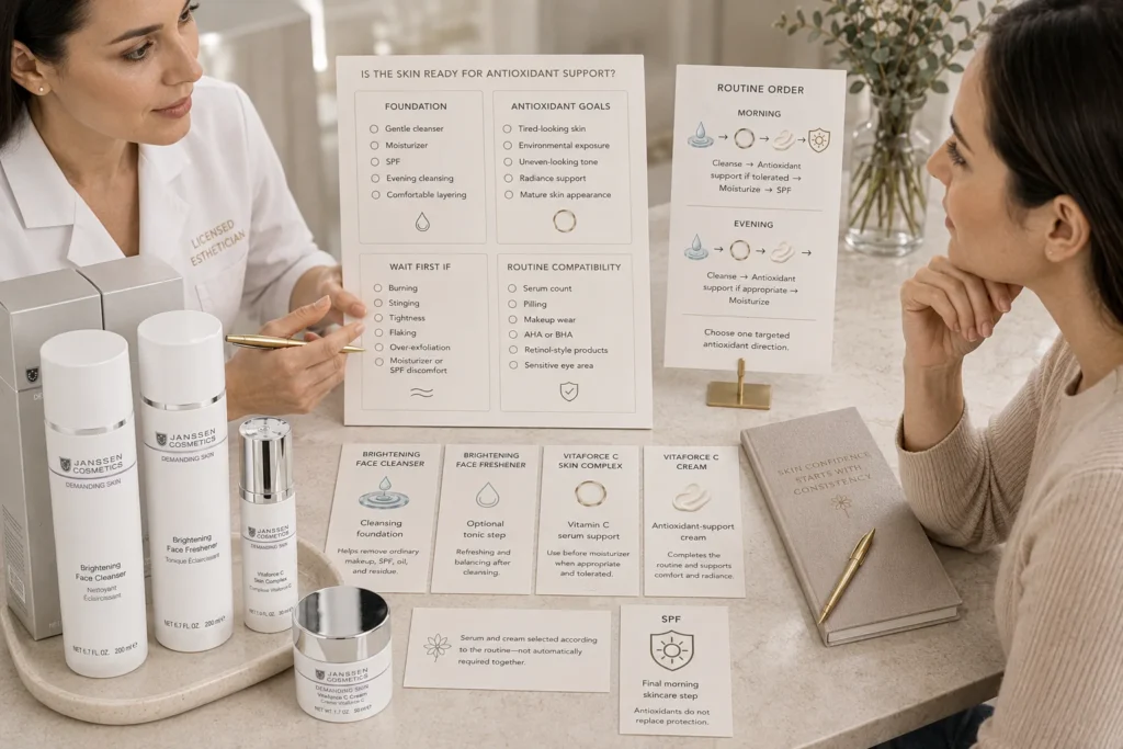 Licensed esthetician reviewing hydration, sensitivity, SPF habits, environmental exposure, active-product use, and vitamin C tolerance beside verified Janssen Demanding Skin products.