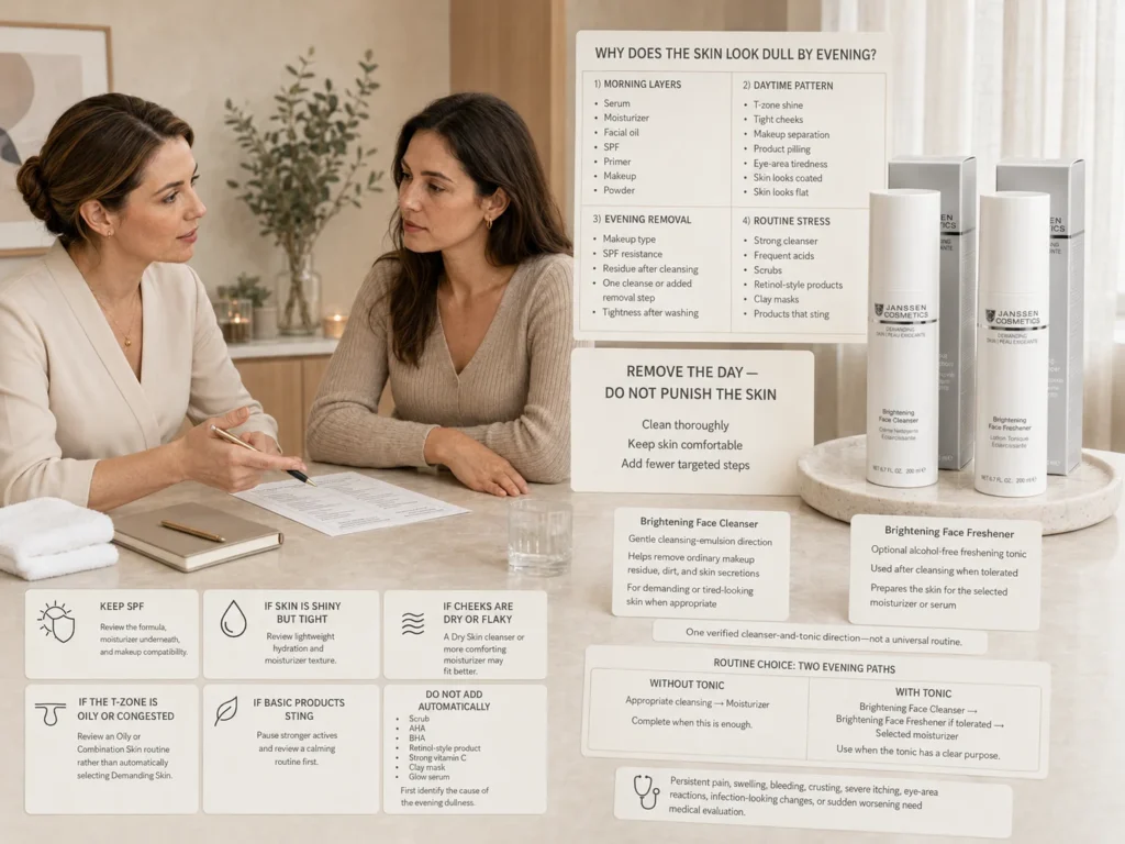 Licensed esthetician reviewing daytime SPF, makeup, oil, dehydration, product layers, and evening cleansing beside verified Janssen Brightening Face Cleanser and Brightening Face Freshener.