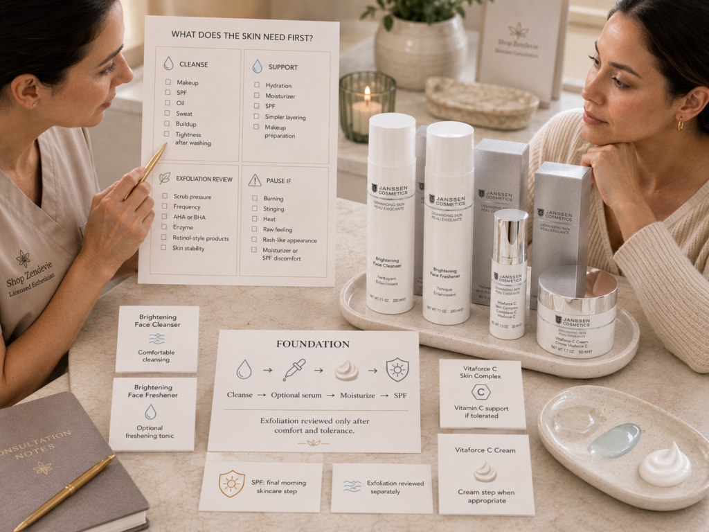 Alt text: Licensed esthetician reviewing cleanser comfort, hydration, moisturizer, SPF, exfoliation history, and skin tolerance beside verified Janssen Demanding Skin products.