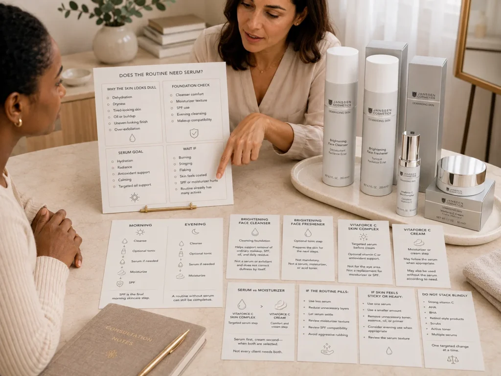 Licensed esthetician reviewing whether dull-looking skin needs targeted serum before moisturizer beside verified Janssen Demanding Skin products.