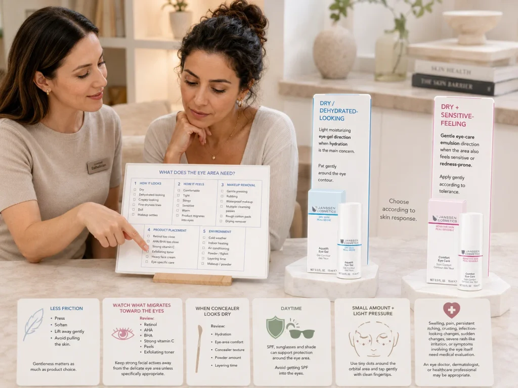 Licensed esthetician reviewing eye-area dehydration, sensitivity, makeup removal, active-product placement, and daytime protection while comparing Janssen Aqualift Eye Gel and Comfort Eye Care as alternative directions.