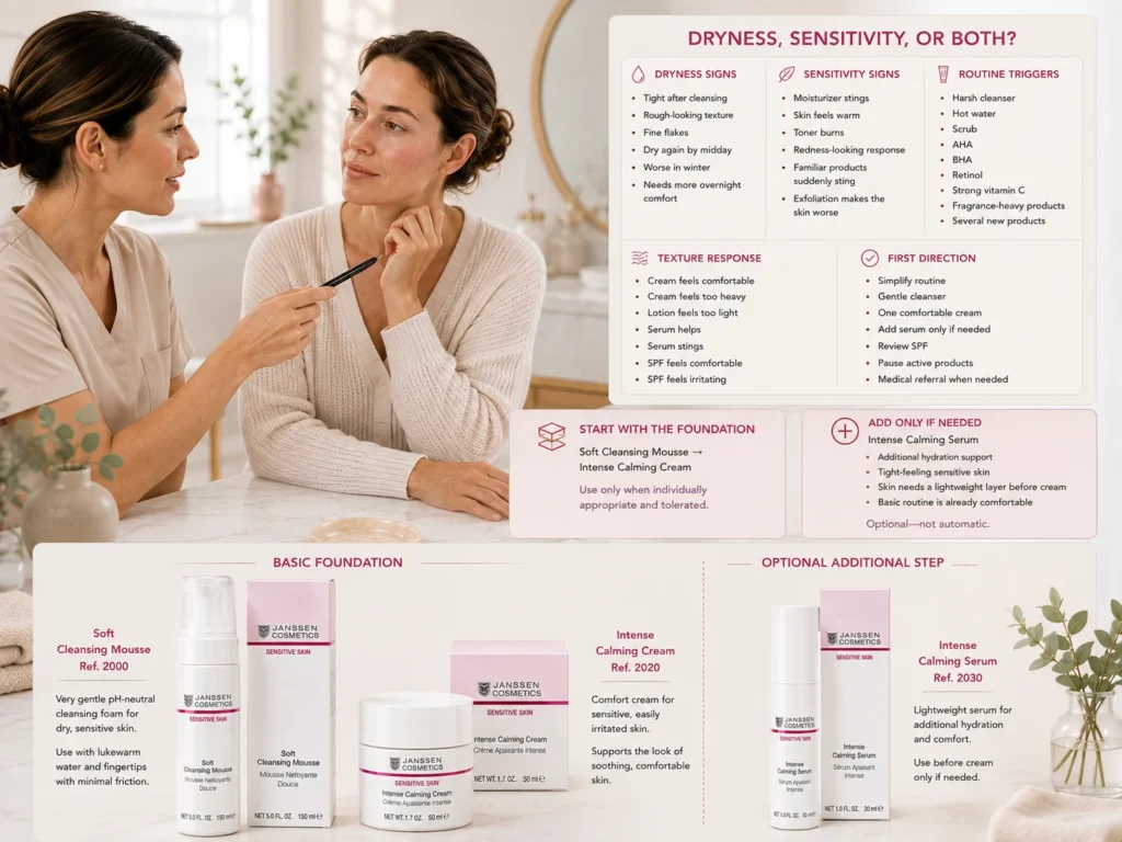 Esthetician assessing dry and sensitive skin and showing a gentle Janssen Sensitive Skin routine with Soft Cleansing Mousse, Intense Calming Cream, and optional Intense Calming Serum.
