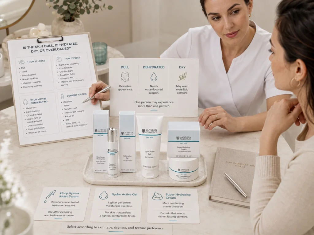 Licensed esthetician comparing dullness, dehydration, dryness, oiliness, and moisturizer texture beside verified Janssen Deep Xpress Moist Serum, Hydro Active Gel, and Super Hydrating Cream.