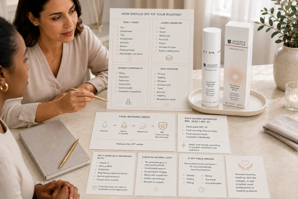 Licensed esthetician reviewing skin type, moisturizer, serum, makeup compatibility, visible cast, pilling, exposure, and reapplication beside verified Janssen Face Guard Advanced SPF 30.